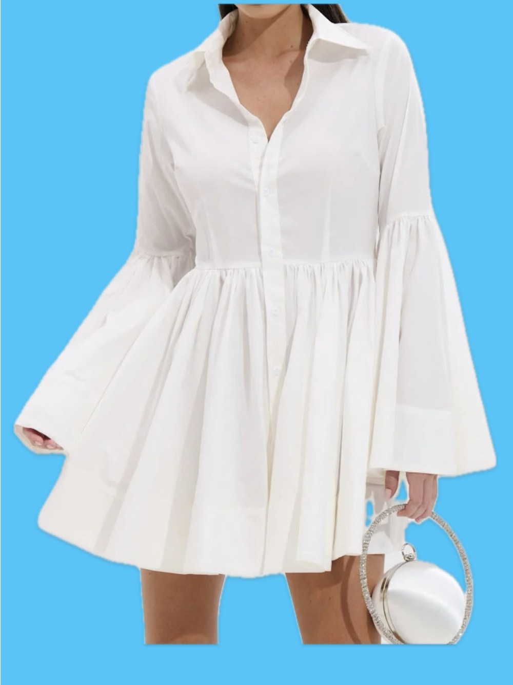 White Bell-Sleeve Poplin Mini Dress